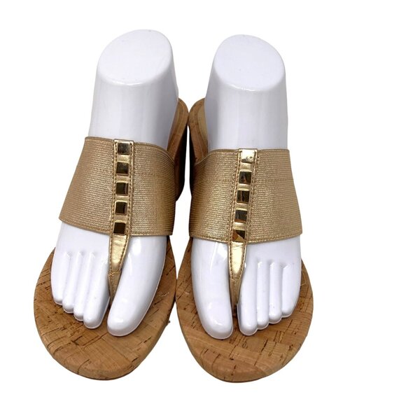 Alex Marie Metallic Gold Cork Heel Toe Peg Sandal Metal Accents 10M - Picture 3 of 9